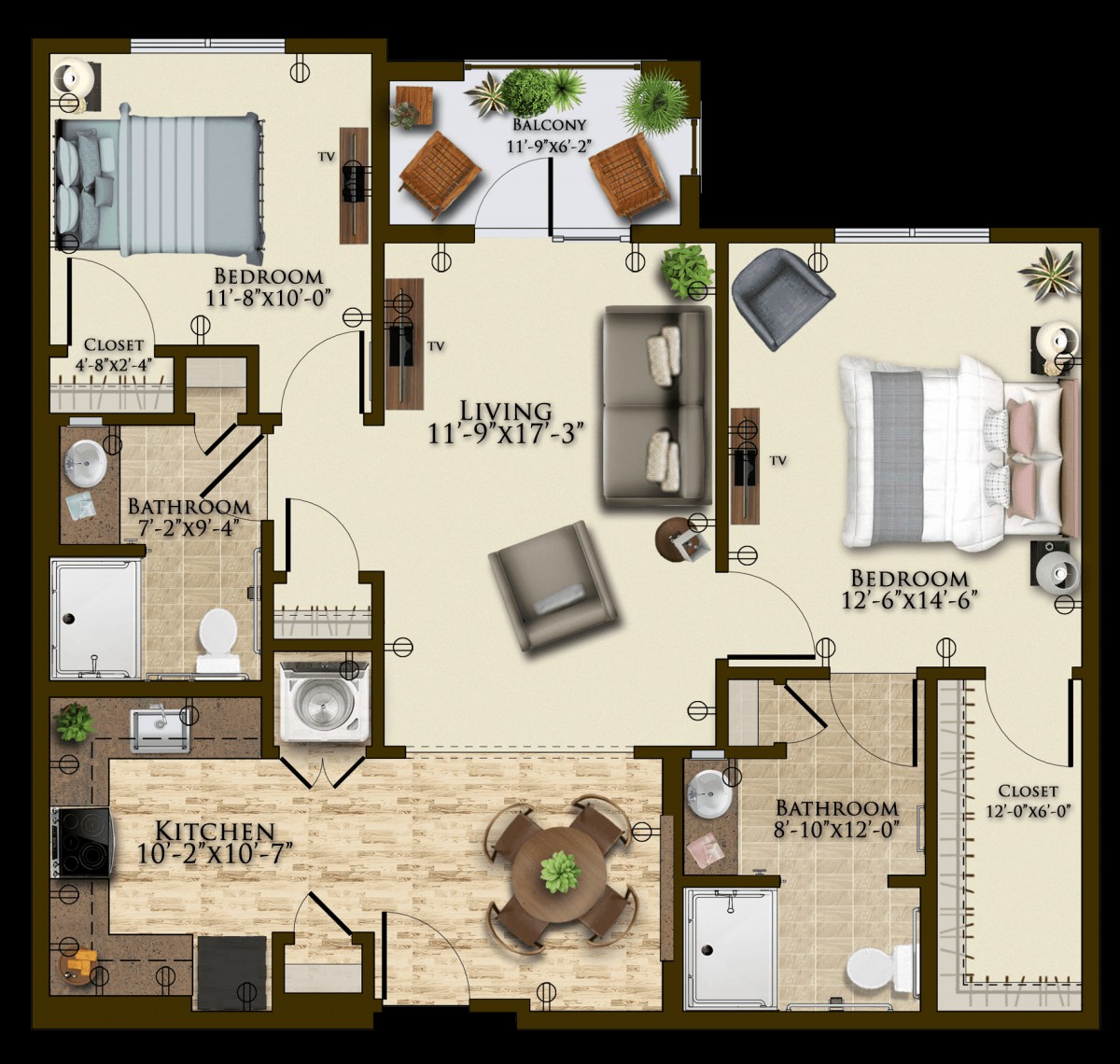 A detailed floor plan of a two-bedroom apartment featuring a living room, kitchen, two bathrooms, and a dining area.