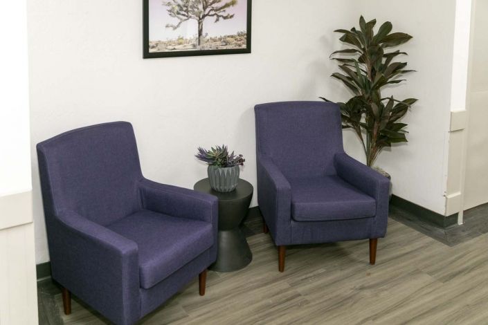 A cozy lounge area with two blue chairs, a small table, a plant, and framed artwork on the wall.