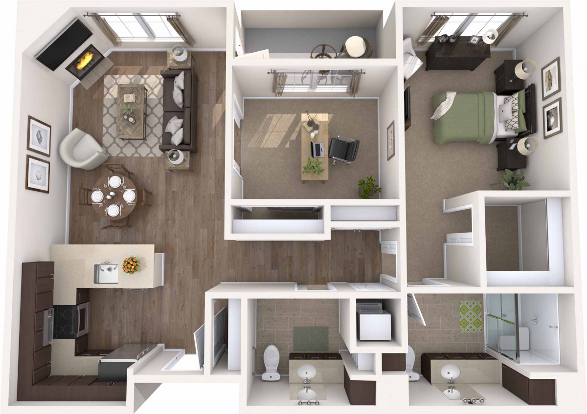 A top-down view of an apartment floor plan featuring two bedrooms, a living room, a kitchen, and a bathroom.