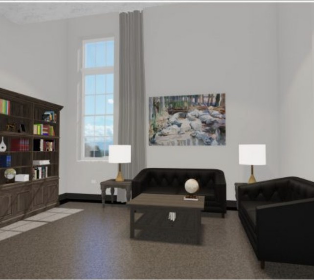 A modern living room featuring a large bookshelf, black sofas, and stylish decor.