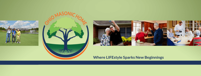 A logo with a tree symbol and an image of seniors enjoying outdoor activities, representing community living and care.