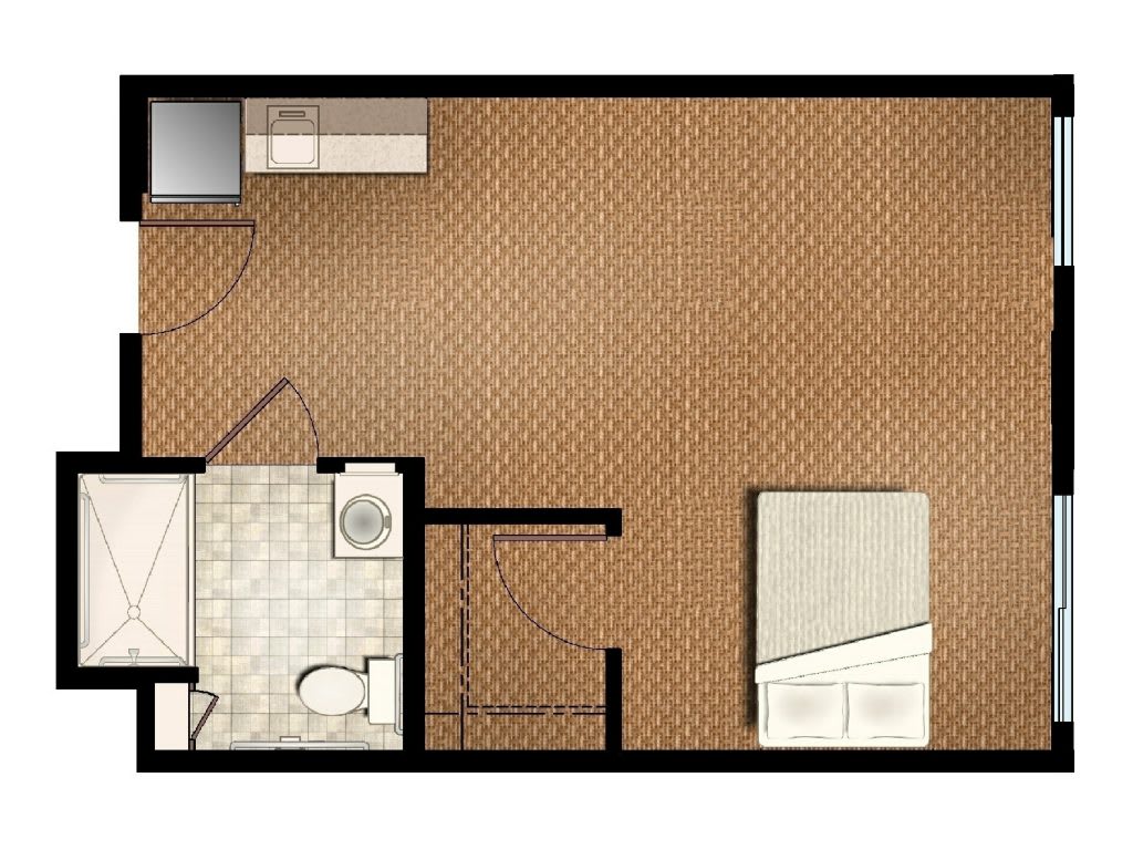 A simple floor plan featuring a single room apartment with a bedroom, bathroom, and kitchen area.