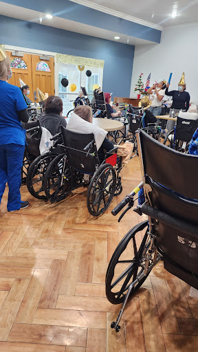A vibrant activity room filled with elderly individuals in wheelchairs, engaging in a social event with healthcare staff.