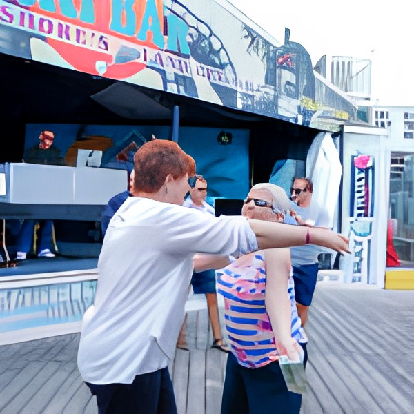 Two people sharing a hug on a boardwalk in front of a colorful building.