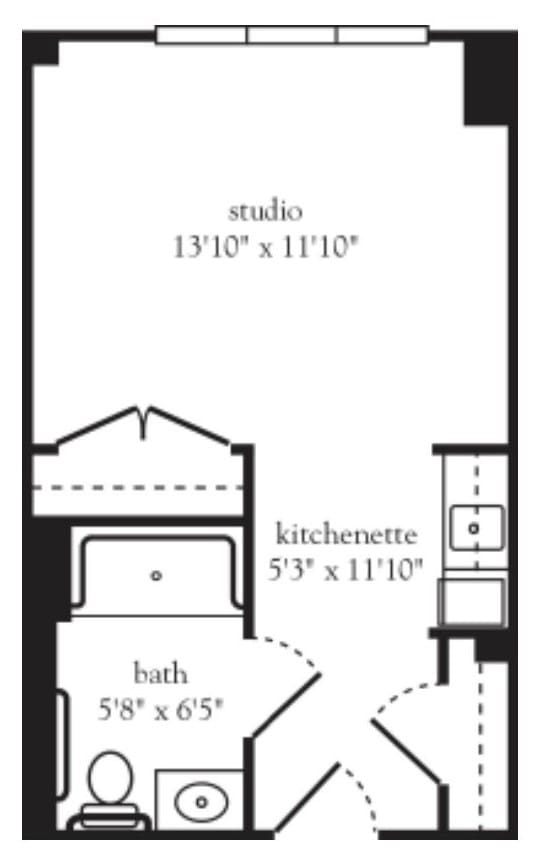 Studio apartment floor plan with kitchenette and bathroom.