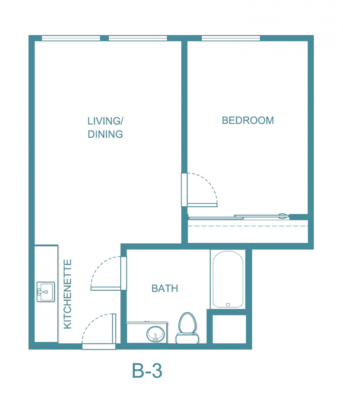 Floor plan of a one-bedroom apartment with living/dining area, kitchen, and bathroom.