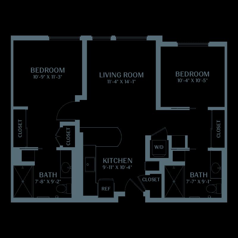 A detailed floor plan illustrating the layout of a residential space, including bedrooms, a living room, kitchen, and bathrooms.