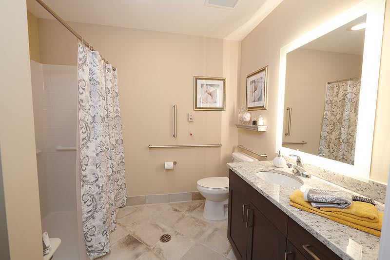 A modern bathroom featuring a shower with a patterned curtain, toilet, and a sink with a large mirror.