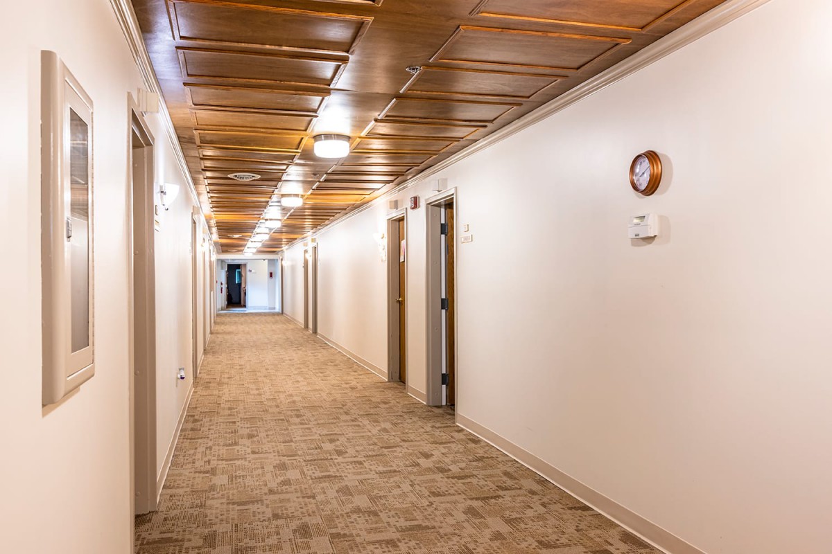 A well-lit corridor with a carpeted floor and multiple doors.
