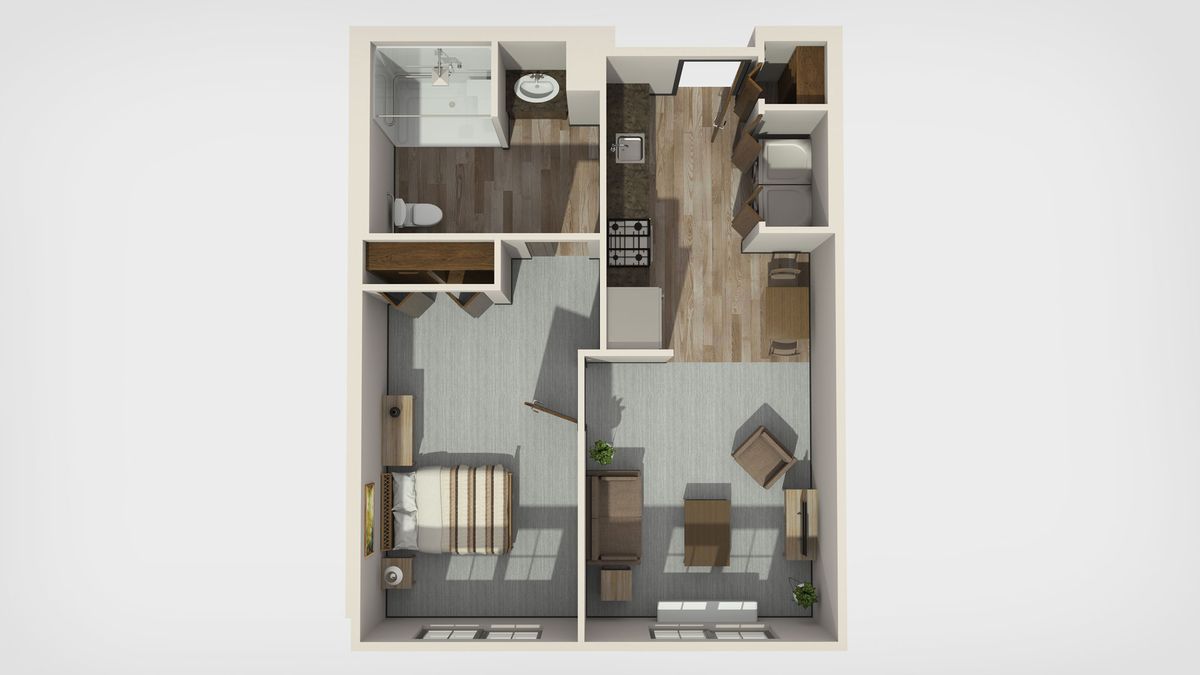 A detailed floor plan of a one-bedroom apartment featuring a living room, kitchen, bathroom, and bedroom.