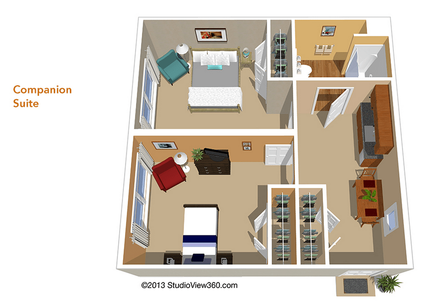 A 3D floor plan showing the layout of an apartment with two bedrooms and common living areas.