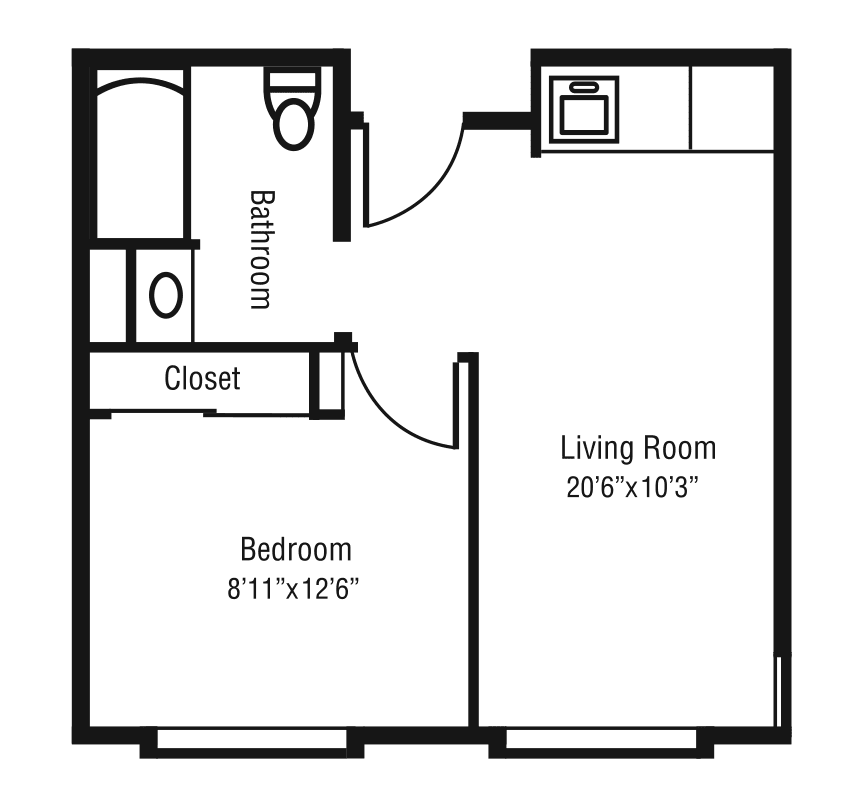 Floor plan of a one-bedroom apartment layout.