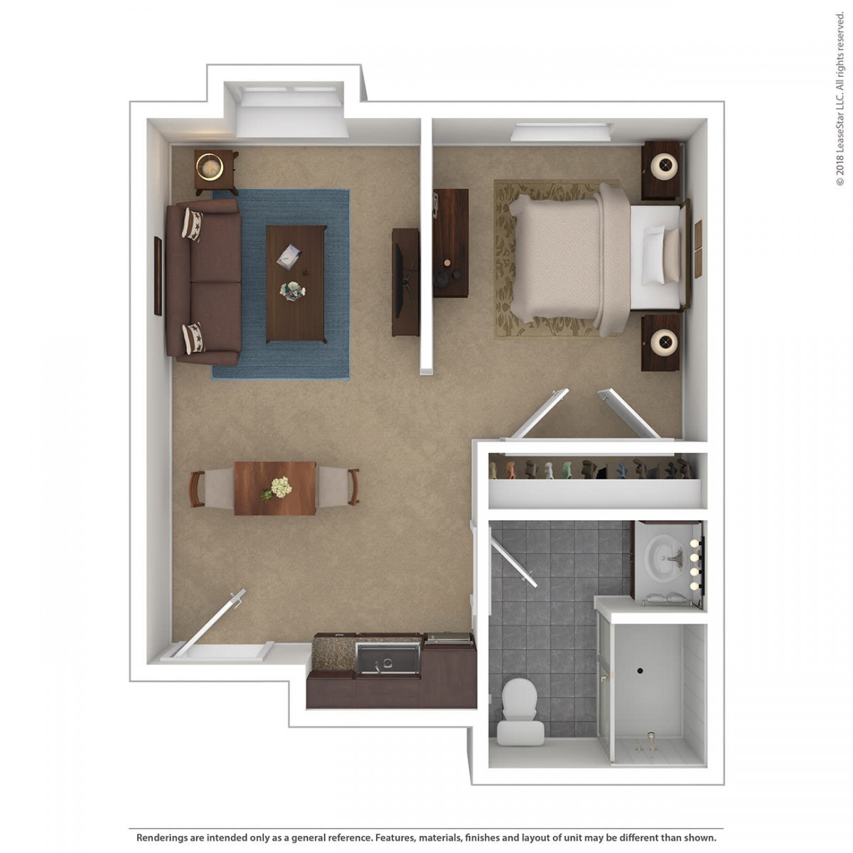 A one-bedroom apartment floor plan featuring a living room, kitchen, and bathroom.