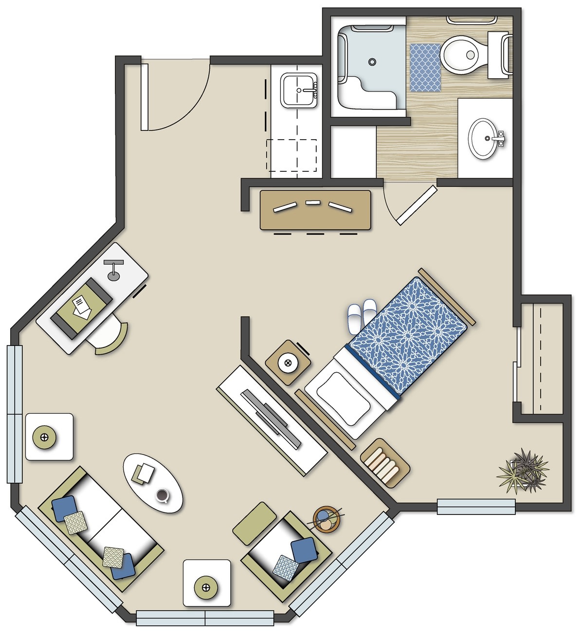 A one-bedroom apartment floor plan with a bathroom, kitchen, and living room.