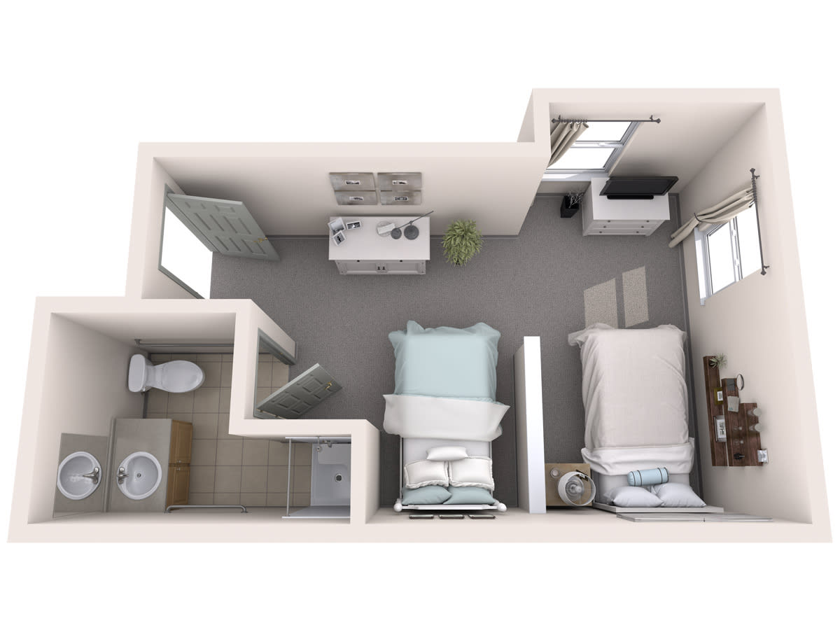 A 3D floor plan of a small apartment featuring a bathroom, two beds, and a workspace.