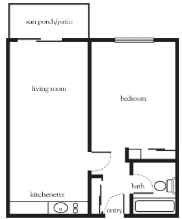 A floor plan of a one-bedroom apartment featuring a living room, kitchen, bathroom, and sun porch/patio.