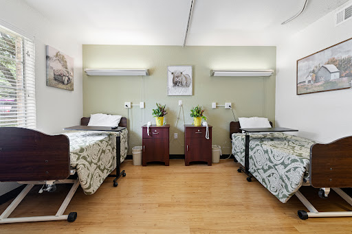 A serene hospital room featuring two neatly arranged beds with decorative bedding and plants.