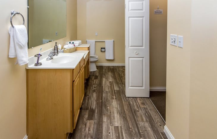 A modern bathroom with a wooden cabinet, a large mirror, and hardwood flooring.
