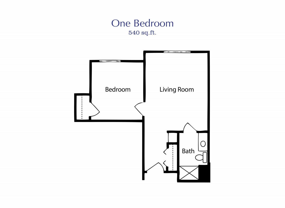 One-bedroom apartment floor plan with living room and bathroom.