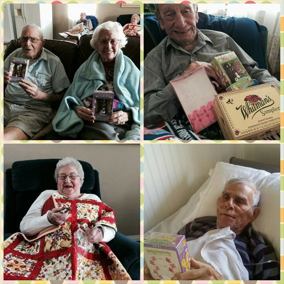Elderly individuals enjoying gifts and cozy quilts.