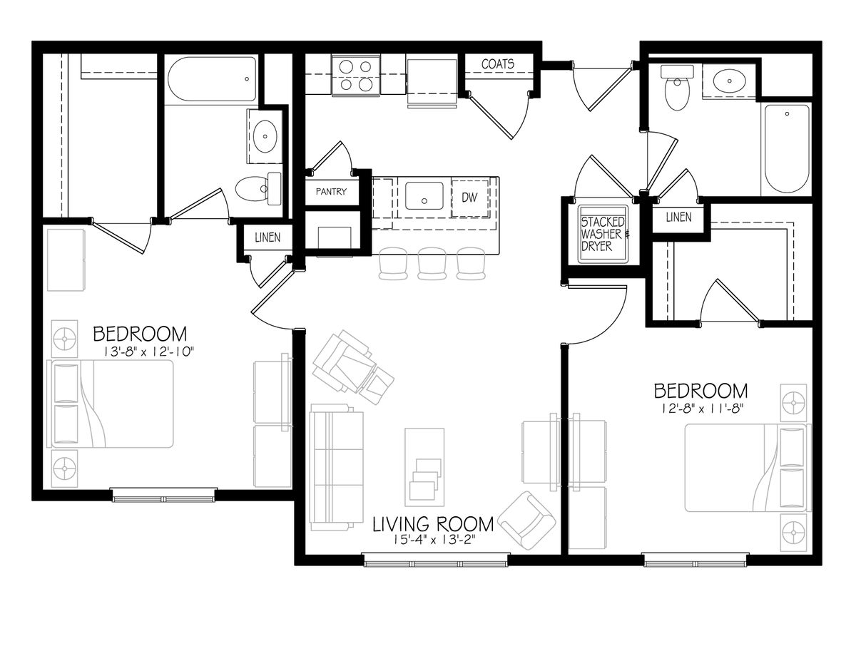 This is a floor plan layout of a two-bedroom apartment, featuring a living room, kitchen, and bathroom.