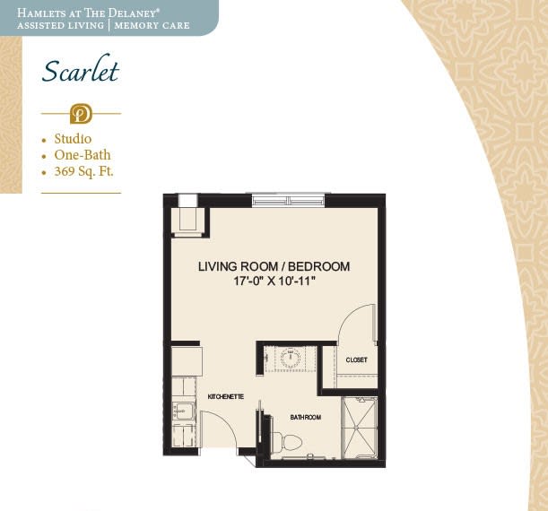Studio apartment floor plan featuring a combined living room and bedroom.