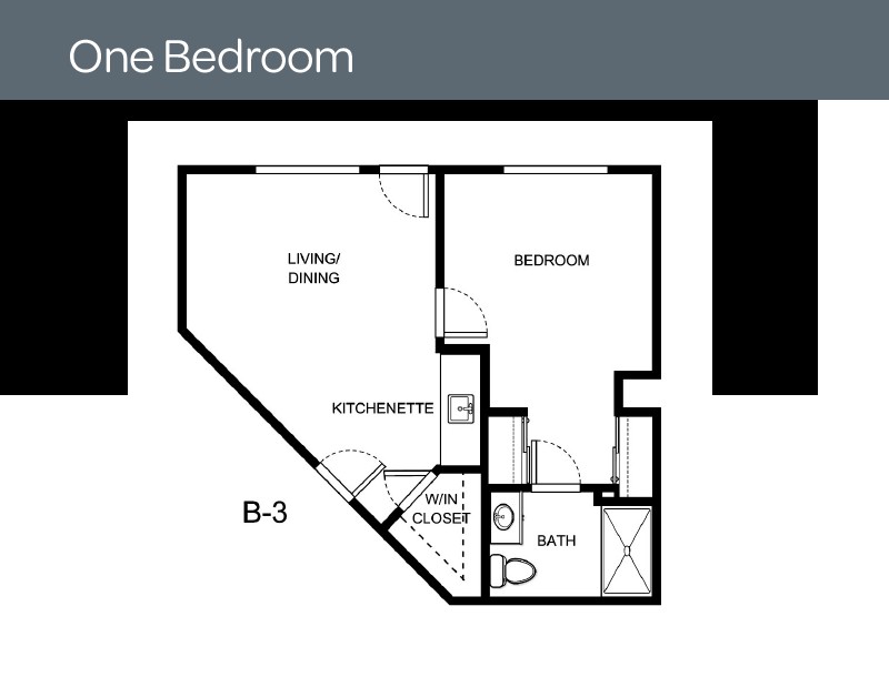 A floor plan of a one-bedroom apartment featuring a living/dining area, kitchenette, bathroom, and walk-in closet.