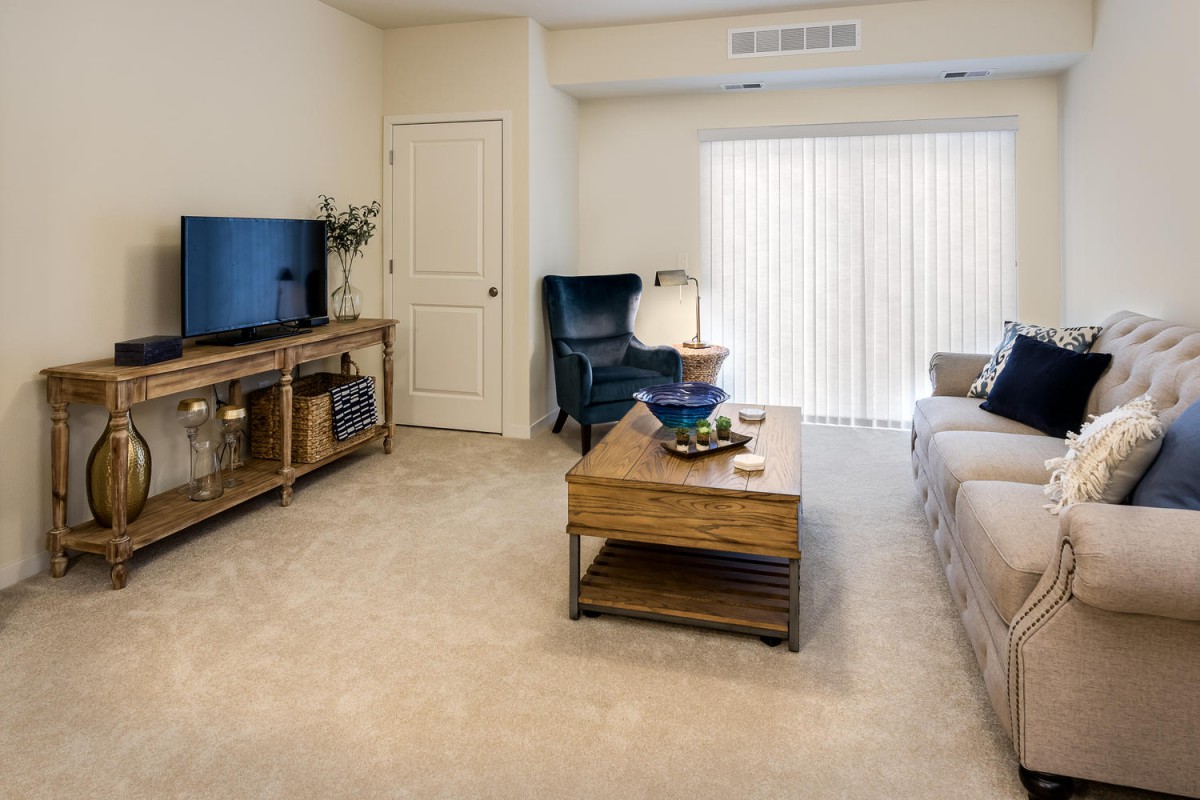 A cozy living room featuring a sofa, wooden coffee table, and entertainment unit with a television.
