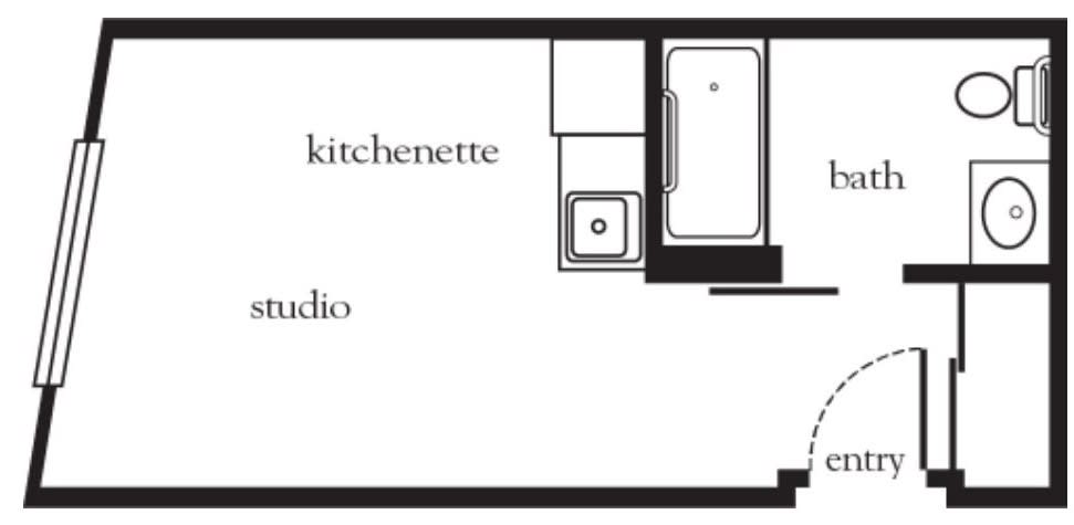 Layout of a studio apartment with a kitchenette and bathroom.