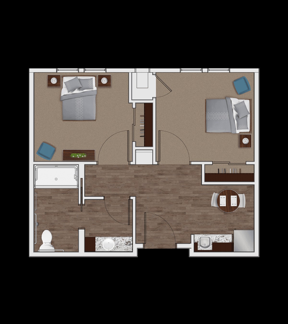 A floor plan of a two-bedroom apartment with a living room, kitchen, and bathroom.