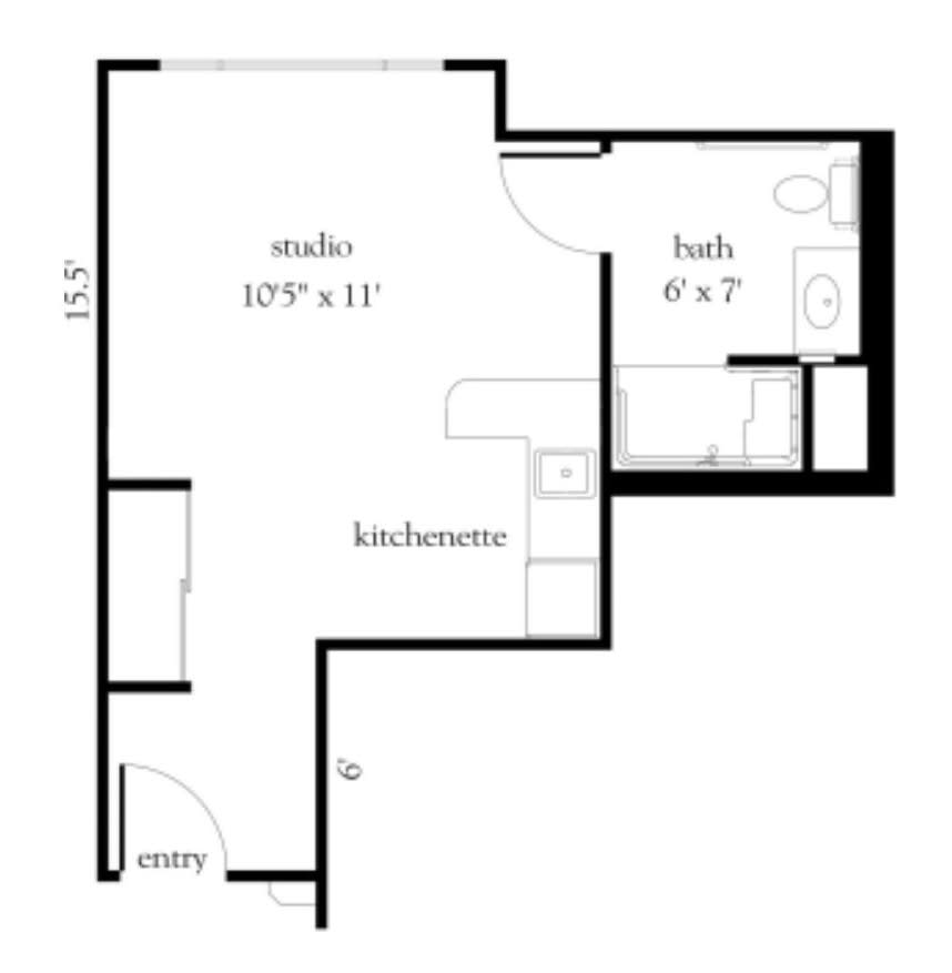 A floor plan of a studio apartment featuring a main living area, kitchen, and bathroom.