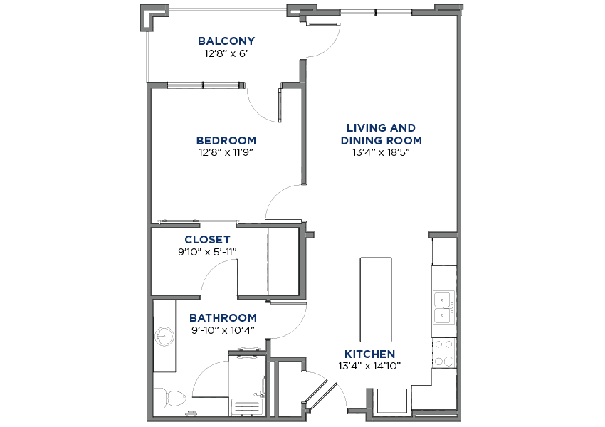 A floor plan depicting an apartment layout with rooms labeled as balcony, bedroom, bathroom, living and dining room, kitchen.