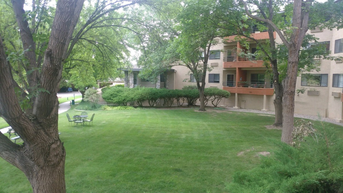 A serene view of an apartment building surrounded by a well-maintained lawn and trees.