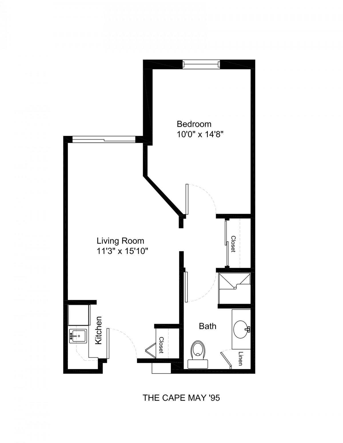 A floor plan of a one-bedroom apartment featuring a living room, kitchen, and bathroom.