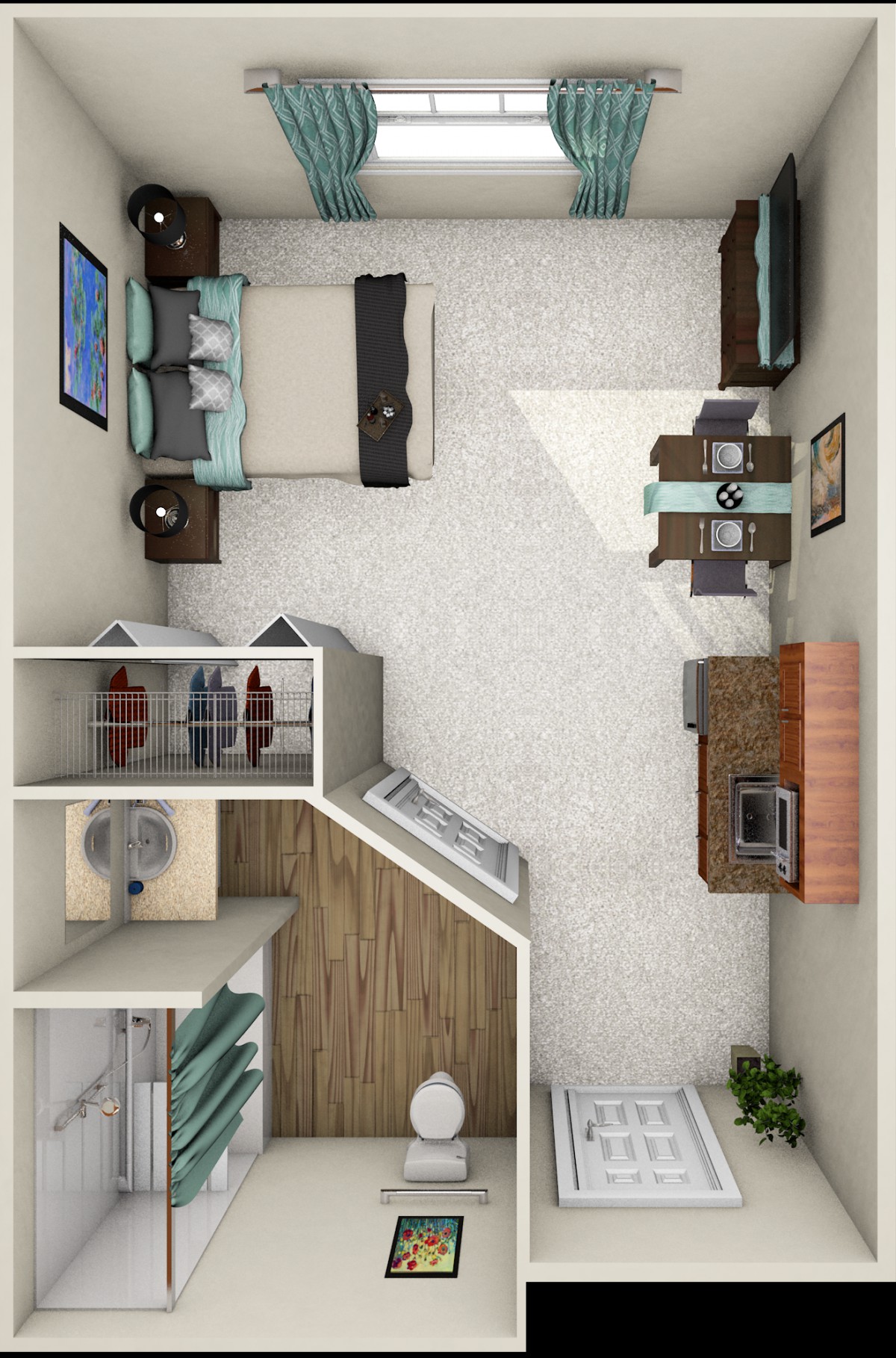 A top-view floor plan of a bedroom with furniture and organized layout.