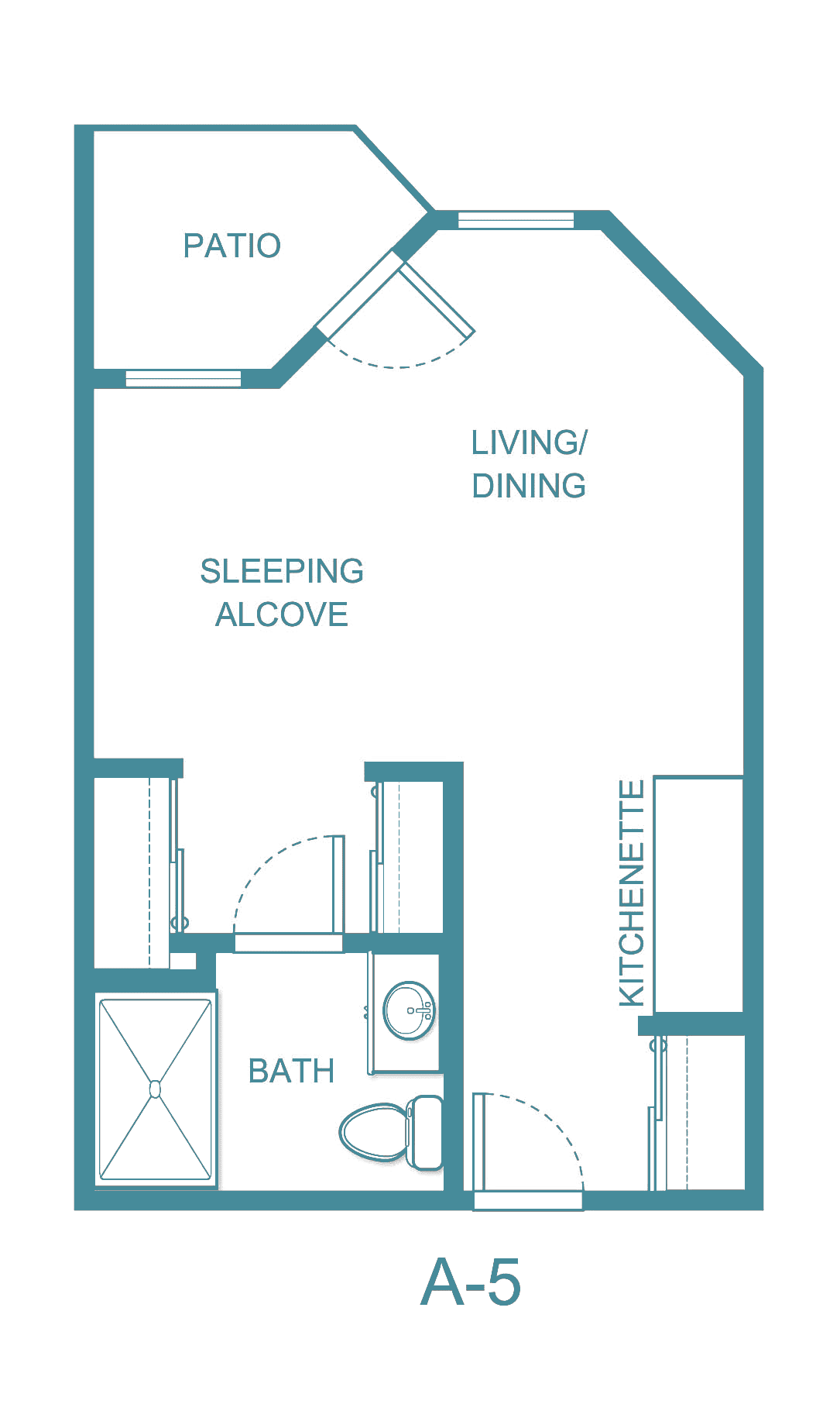 A floor plan of a studio apartment with living/dining area, sleeping alcove, kitchenette, and bathroom.