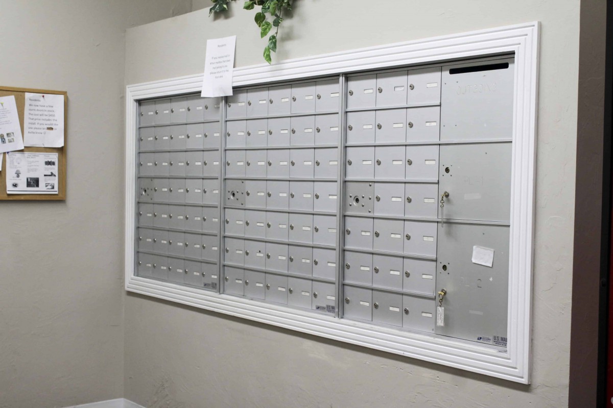 A wall of multiple metal mailboxes in a building's interior.