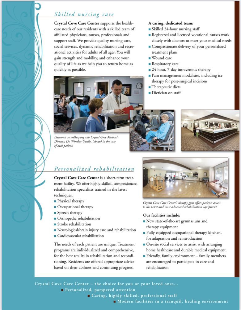 Brochure detailing services and amenities at a healthcare facility.