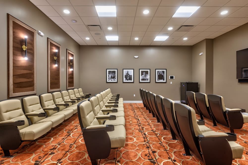 An interior view of a modern conference room with rows of comfortable seating.