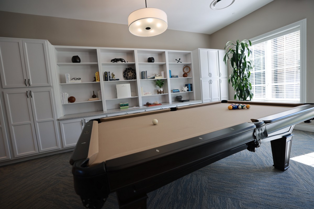 A stylish game room with a pool table and built-in shelves filled with decorations.