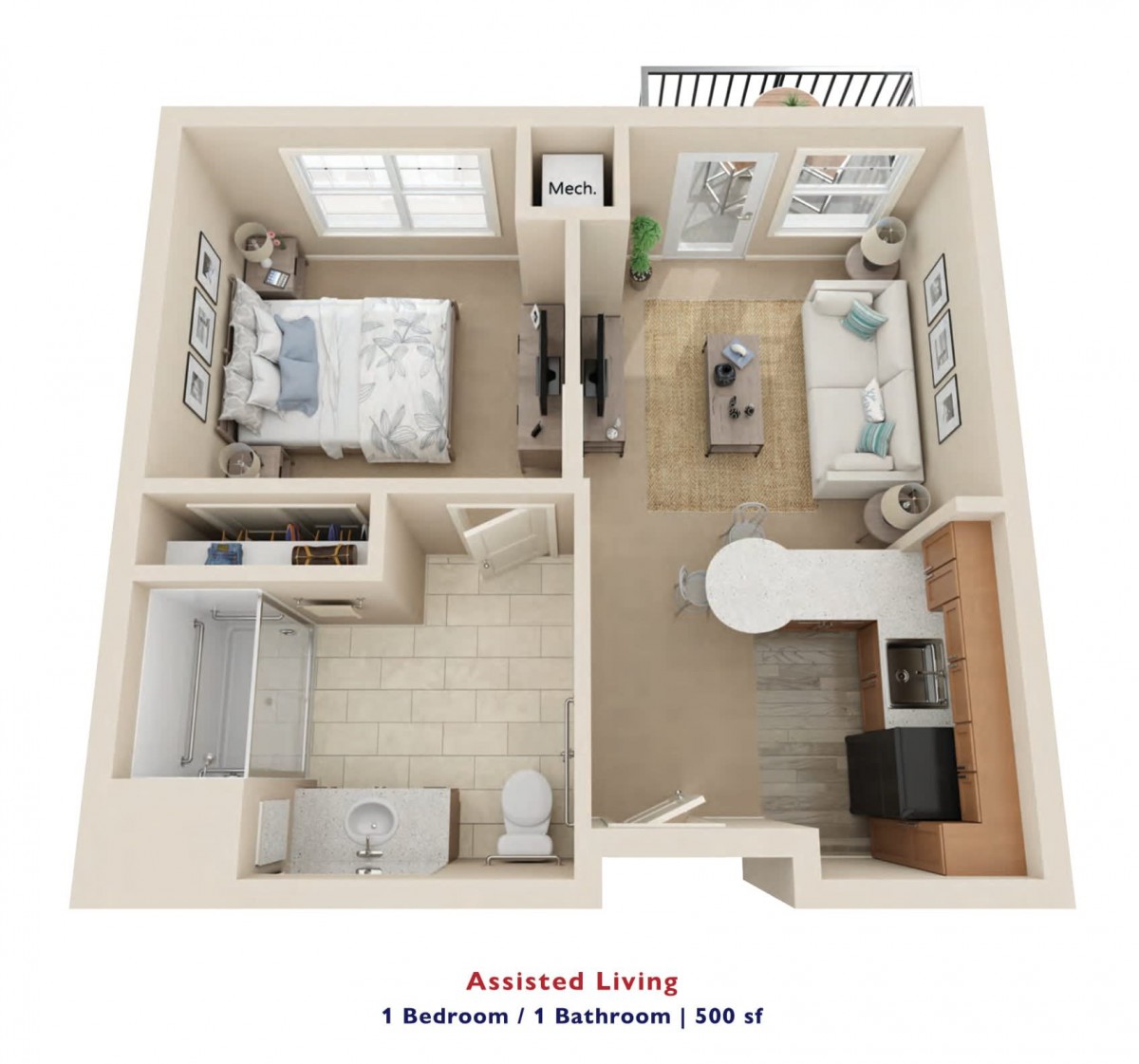 Assisted living floor plan featuring 1 bedroom, 1 bathroom, a kitchen, and a living area.