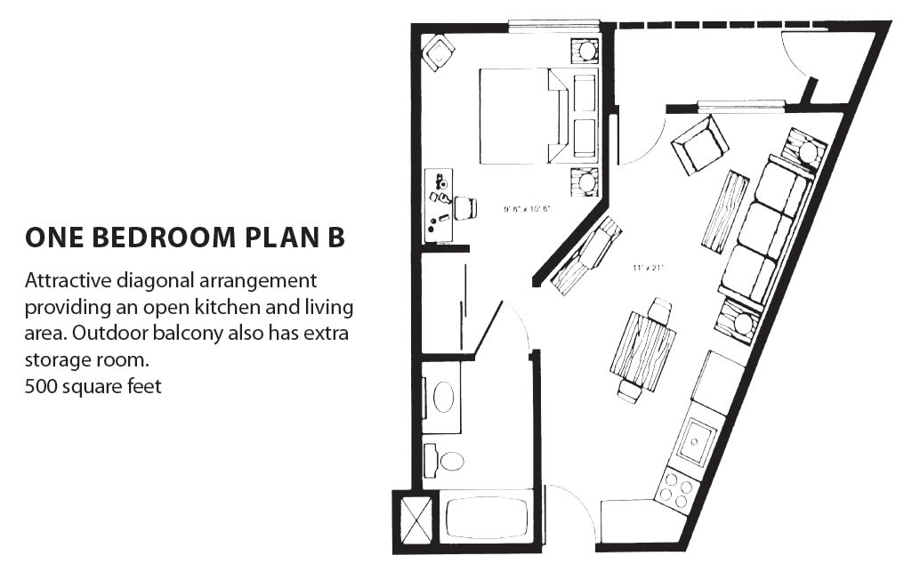 One-bedroom apartment floor plan with open kitchen and living area.