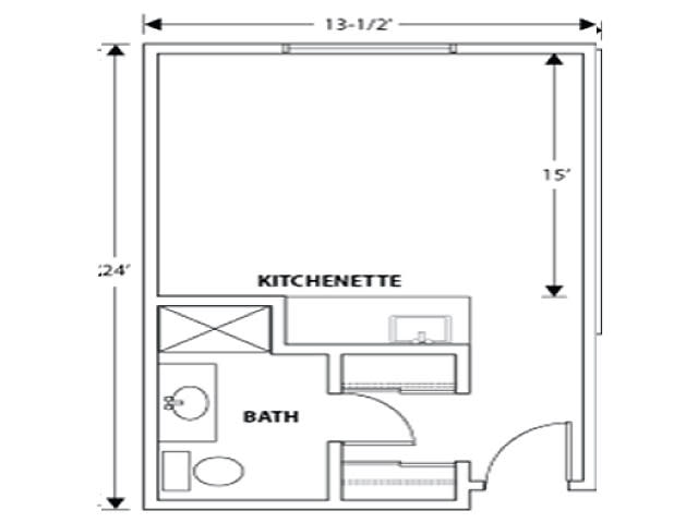 A floor plan featuring a small apartment with a kitchenette and bathroom.