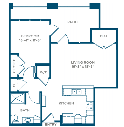 This is a floor plan of a one-bedroom apartment with a kitchen, living room, bathroom, and patio.