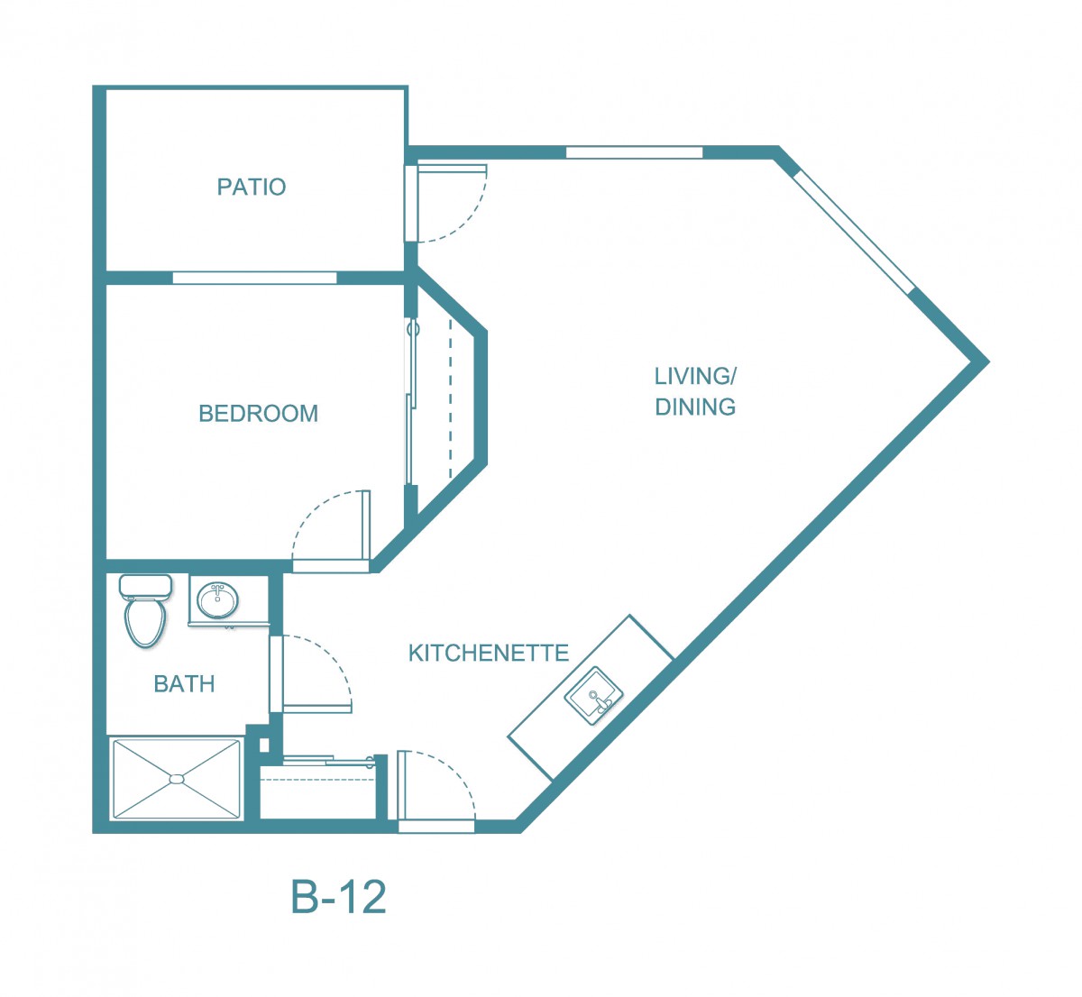 Blueprint of a one-bedroom apartment layout with a living/dining area and a patio.