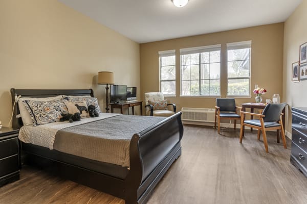 A cozy bedroom with a large bed, seating area, and natural light from big windows.