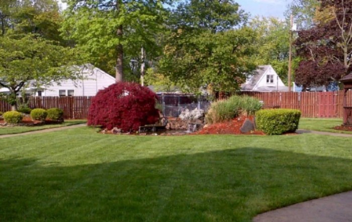 A peaceful backyard garden featuring a well-maintained lawn, colorful bushes, and lush trees.