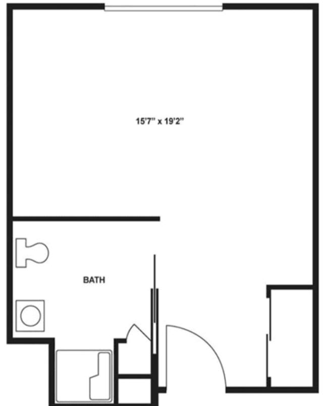 A simple floor plan of a studio apartment featuring a main living area and a bathroom.