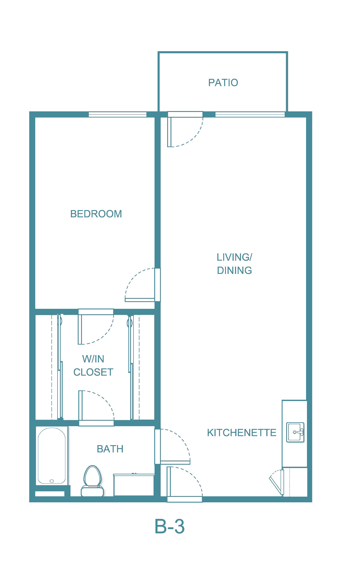 A floor plan of a one-bedroom apartment featuring a living/dining area, kitchenette, bathroom, and walk-in closet.