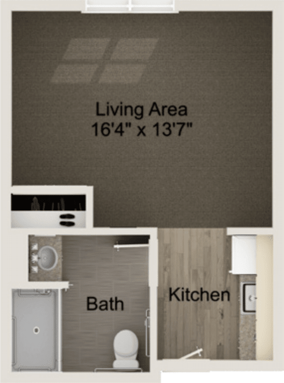 A simple floor plan showing the layout of a small apartment with labeled living area, bath, and kitchen.